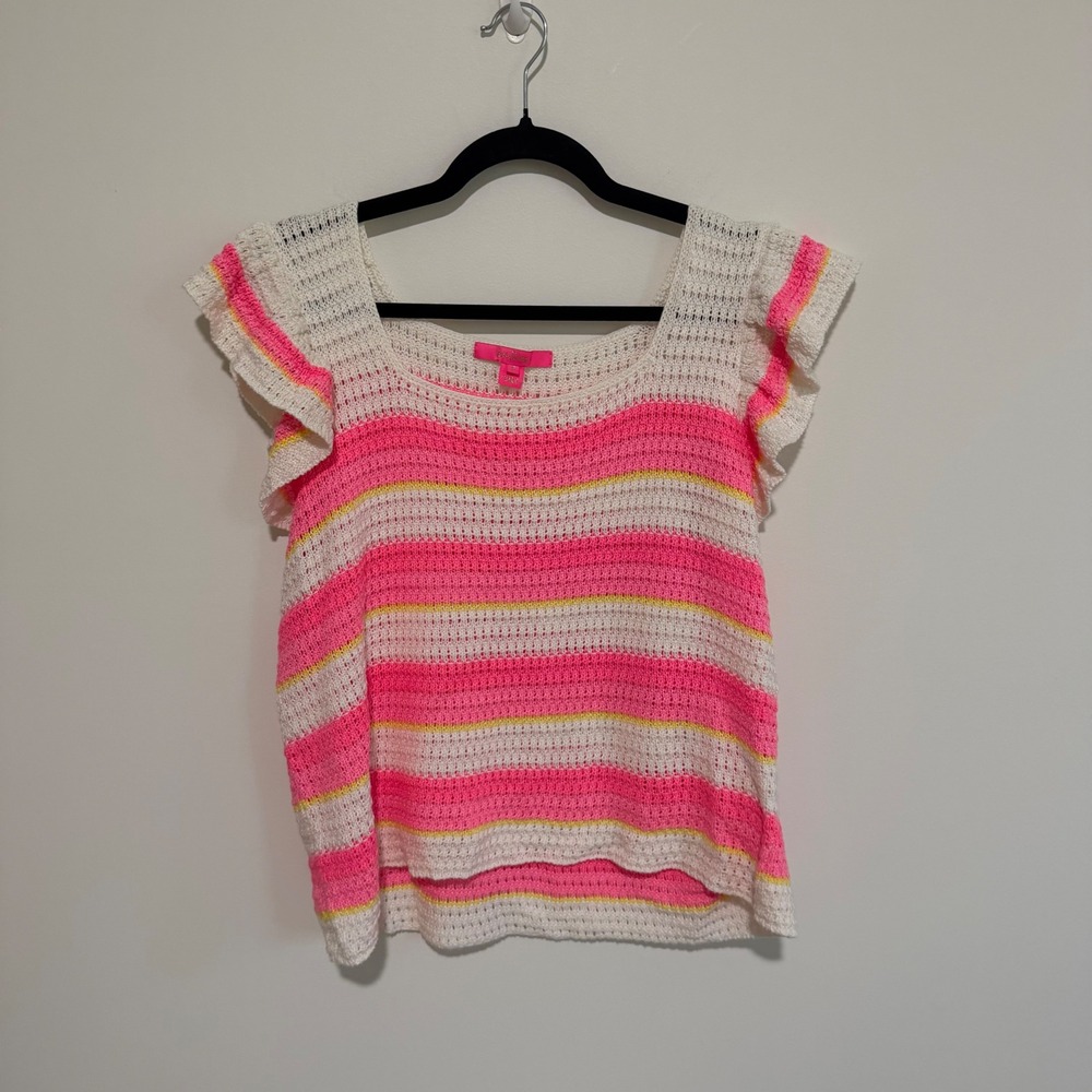 Lilly Pulitzer XL Pink White Striped Ruffle Sleeve Knit Top